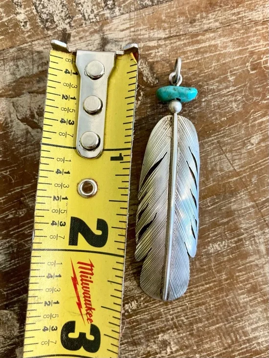 Vintage Sterling Silver HJ Chavez Signed Feather Pendant with Turquoise Accent - Picture 3 of 12
